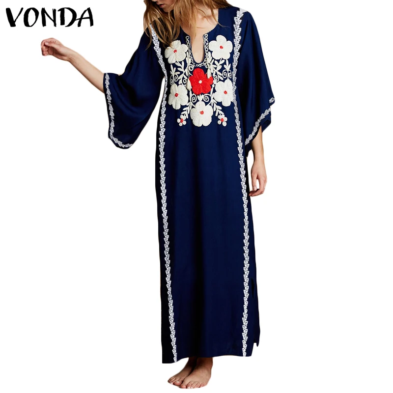VONDA النساء الأزهار طباعة اللباس 2019 الخريف مثير V الرقبة مضيئة كم طويل حزب فساتين زائد حجم الرجعية عطلة Vestido الإناث