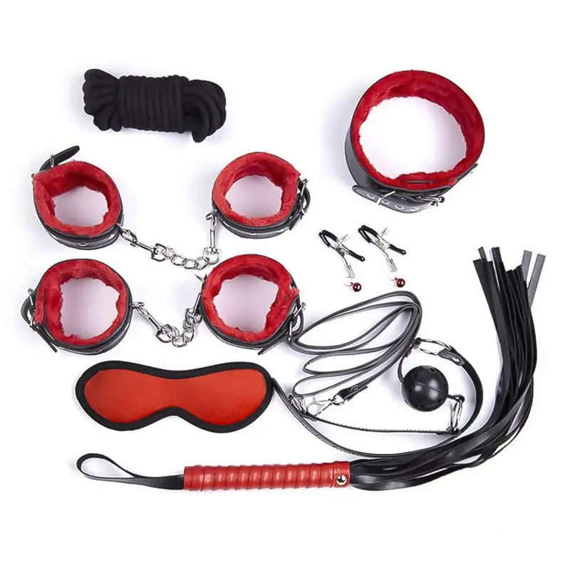 8 шт SM Набор Тактический сдержанность Сексуальная черный, красный наручники и манжеты на щиколотки рукавом браслет в форме хлыста комплект