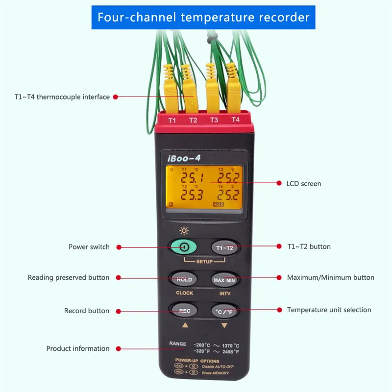 IBoo-4 четырехканальный датчик температуры печи тестер температуры порошка выпечки краски покрытие температуры рекордер smartLogger
