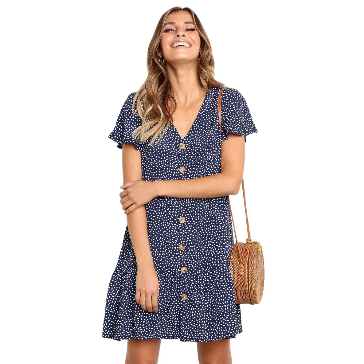Casual V Neck Polka Dot Button Dress