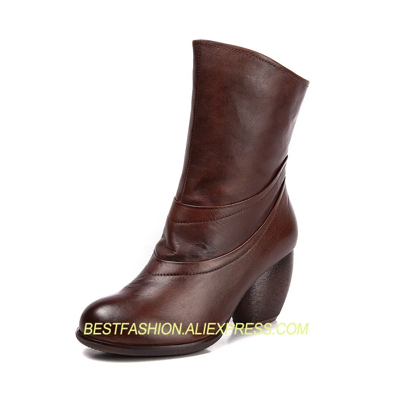

Brand retro tube boots round head high heel boots shoes women leather genuineness shoes woman platform mid-calf boots