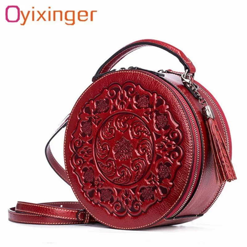 Женские сумки из натуральной кожи в китайском стиле, круговая сумка с кисточкой и принтом, мягкая кожаная сумка для женщин