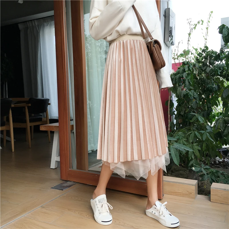 Плиссированная бархатная юбка с сеткой с двойным лицом, Женская юбка с высокой талией