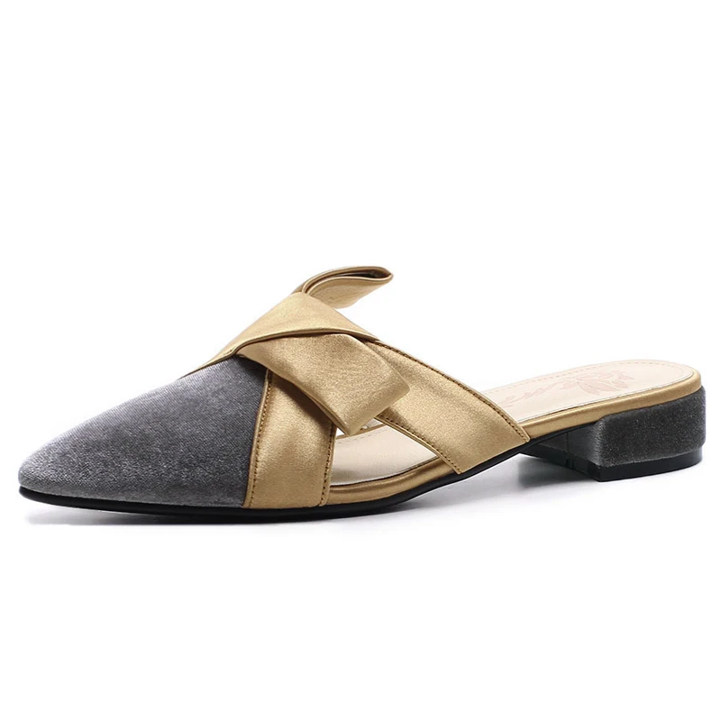 

Pleuche Women Plus Mules 3.5 CM Chunky Heels Summer Style Pointed-toe Slippers Gold Velvet Shoes Woman Box packing 2061