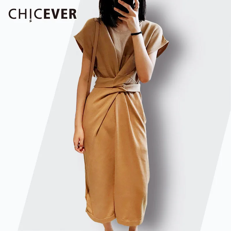 

CHICEVER Knitting Summer Dress For Women 2019 O Neck Waist Bandages With Pockets Short Sleeve Hem Split Women's Dresses Fashion