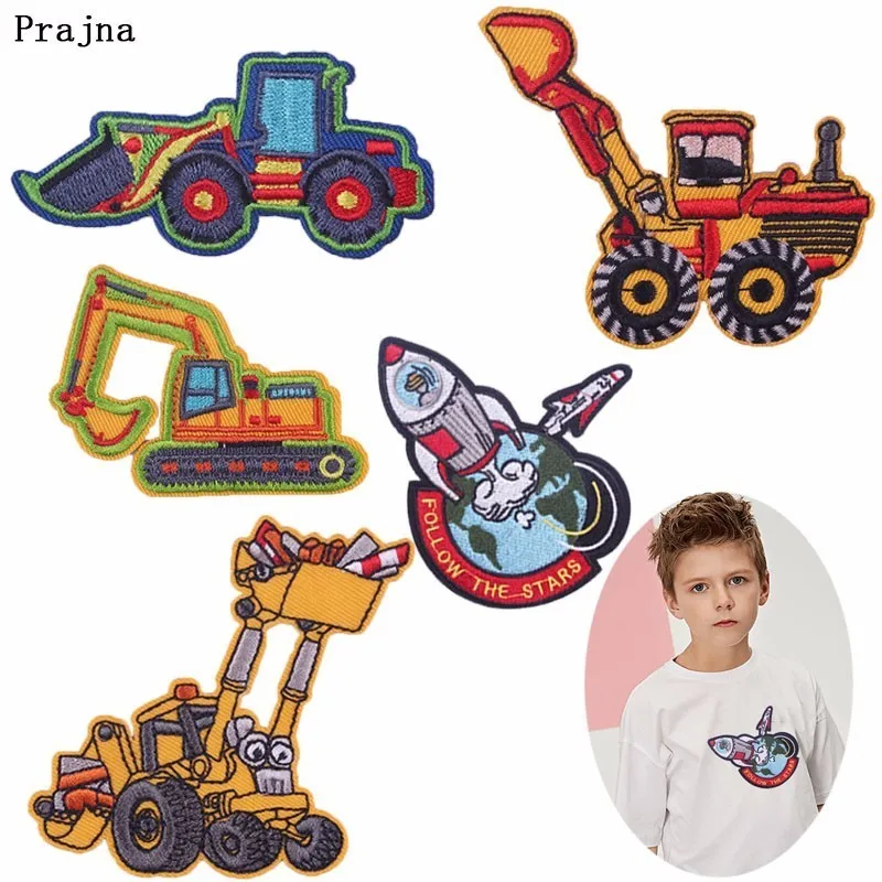 

Prajna Navvy Machine Embroidered Patch 3D Iron On Cars Patches For Clothing Boy Accessory DIY Cartoon Excavator Badge Stickers H