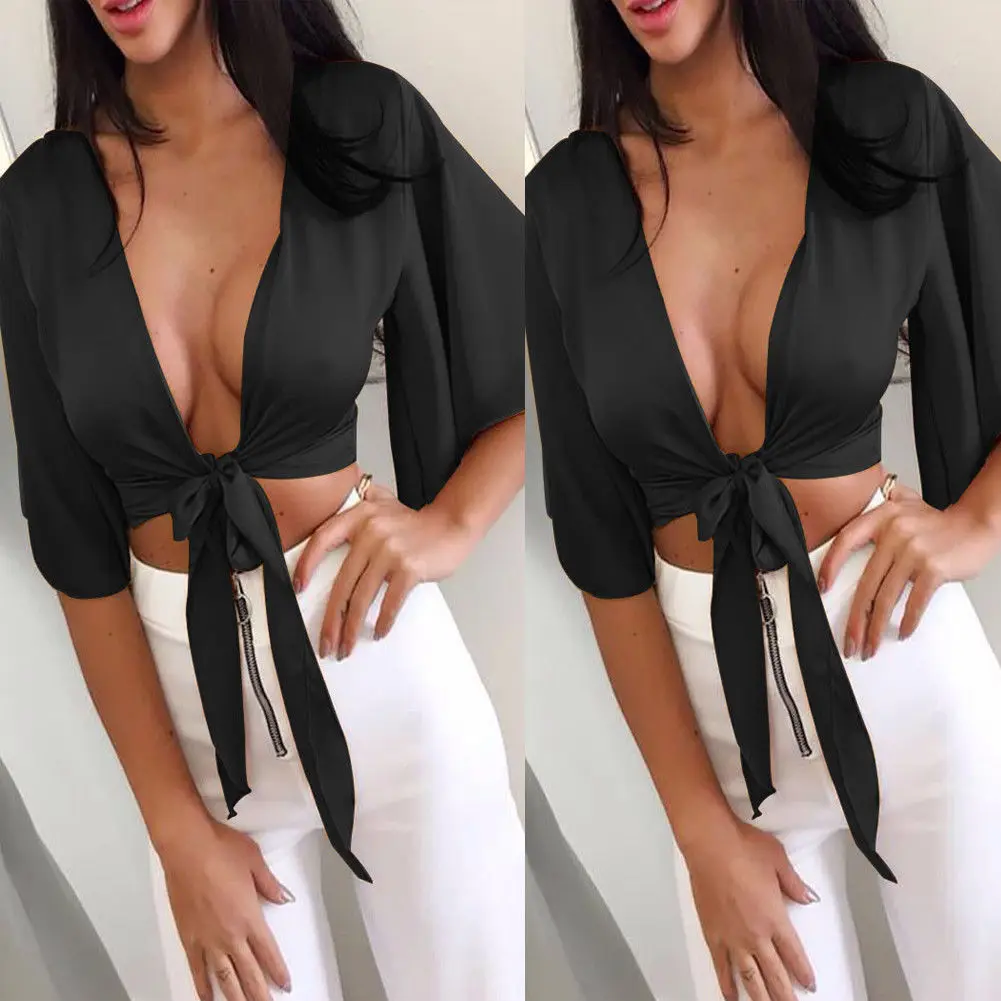 

2019 Bow Blouse Top Women Lace Solid Flare Sleeve Large Loose Kimono Oversized Female Sexy Beading Flare Sleeve
