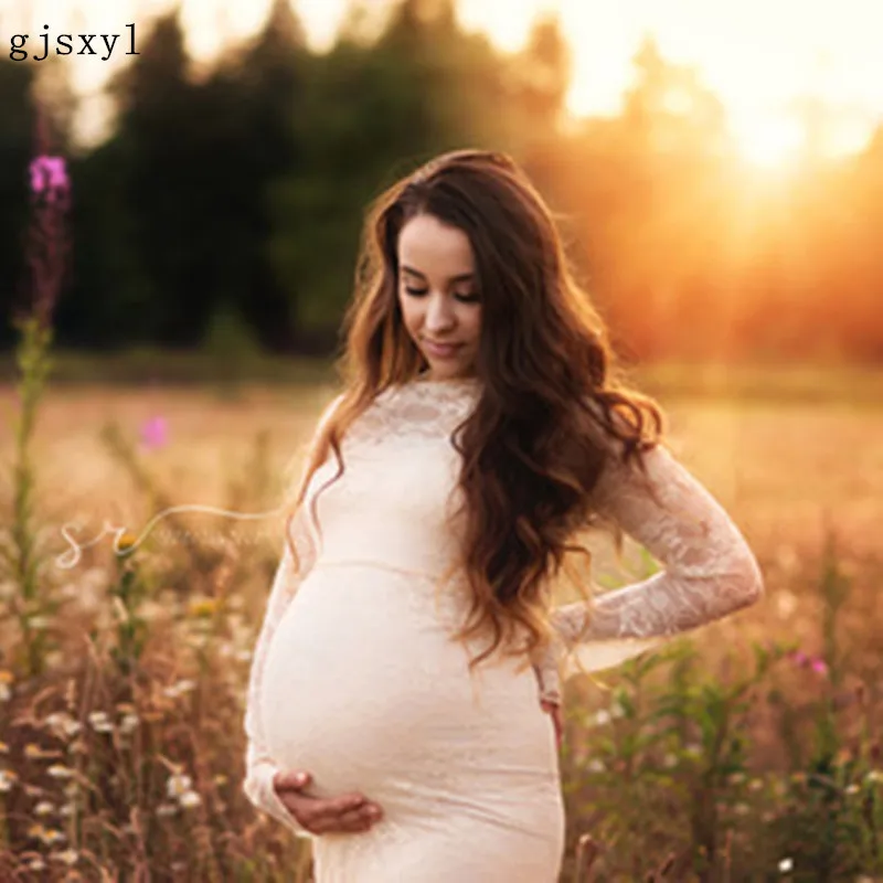 

gjsxyl Maxi Lace Maternity Photography Dresses Long Sleeve Maternity Lace Gown Photo Shoot Stretchy Lace Pregnancy Dress