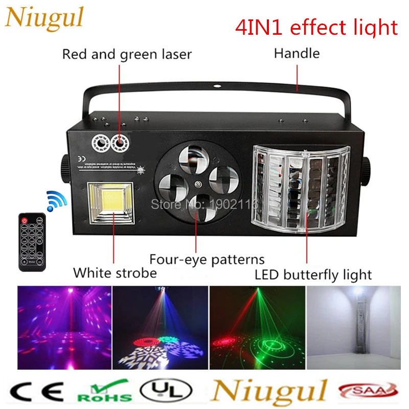 

With Wireless Remote Control 4in1 LED Effect Laser Flash Gobo Strobe Butterfly Derby Light DMX512 Auto Sound LED Stage Lights