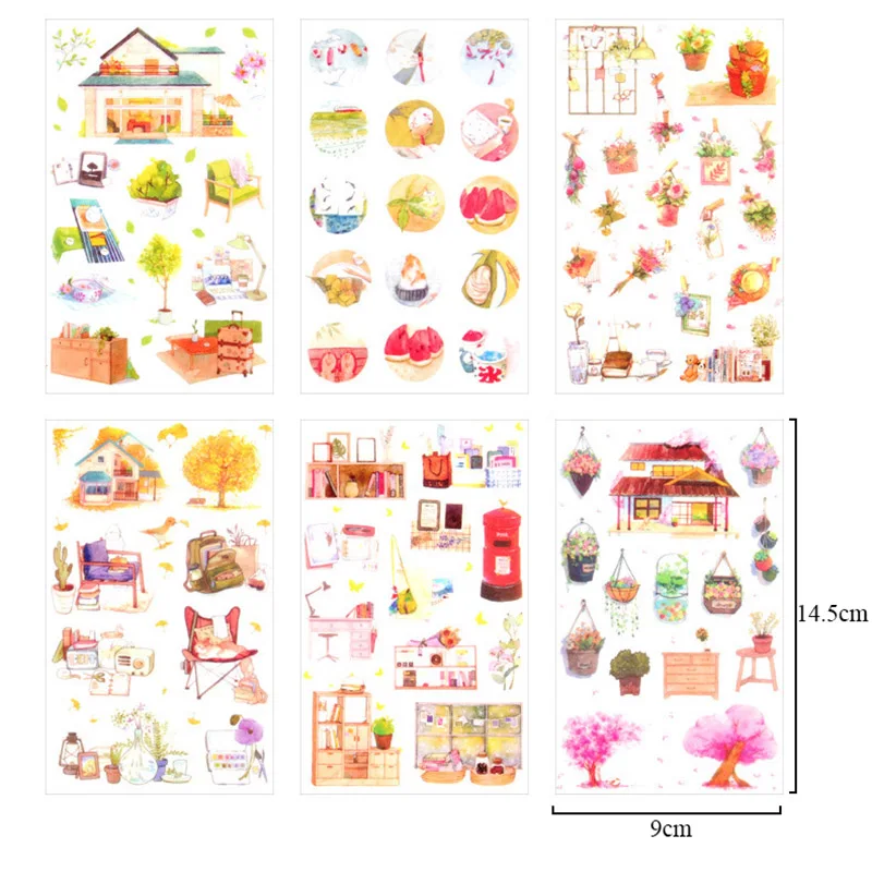 

6 Sheets Warm Home Stickers Cute Flowers Decor Adhesive Washi Paper Stickers Scrapbooking Diy Journal Albums Material Escolar