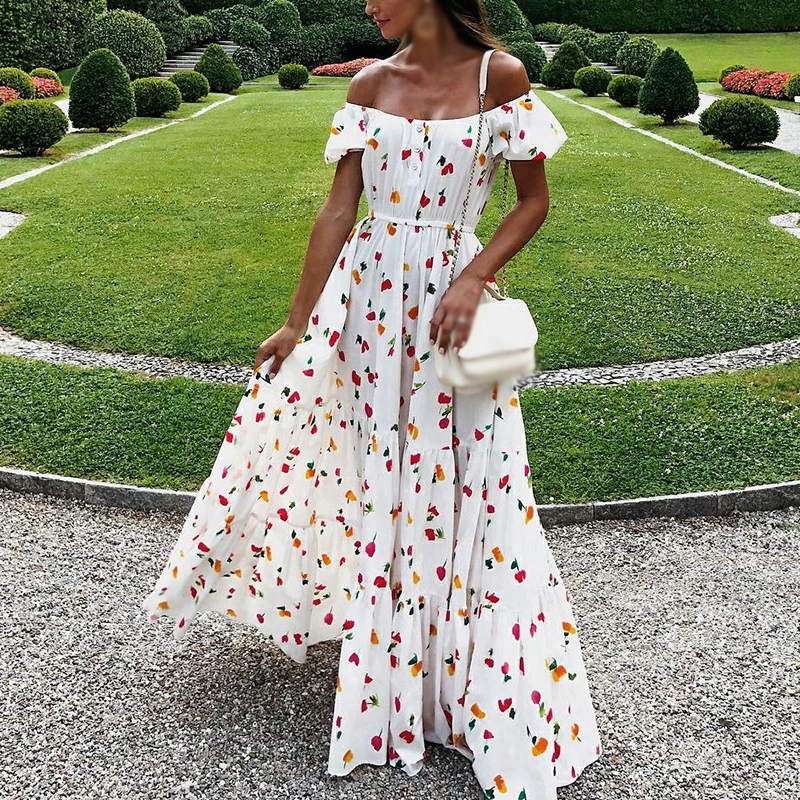 

Summer Vocation Women dress Casual Floral Short Sleeve Off Shoulder swing A-line print boho holiday beach maxi ladies Long Dress