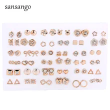 Модные женские серьги-гвоздики с кристаллами в форме сердца, 36 пар/уп., для девушек, пирсинг, простые, OL, вечерние, с цветком, смешанные золотые серьги