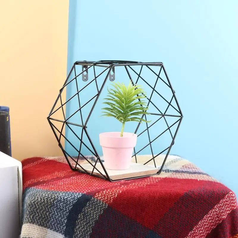 Iron Hexagonal Grid Wooden Storage Rack Metal Wall Hanging Display