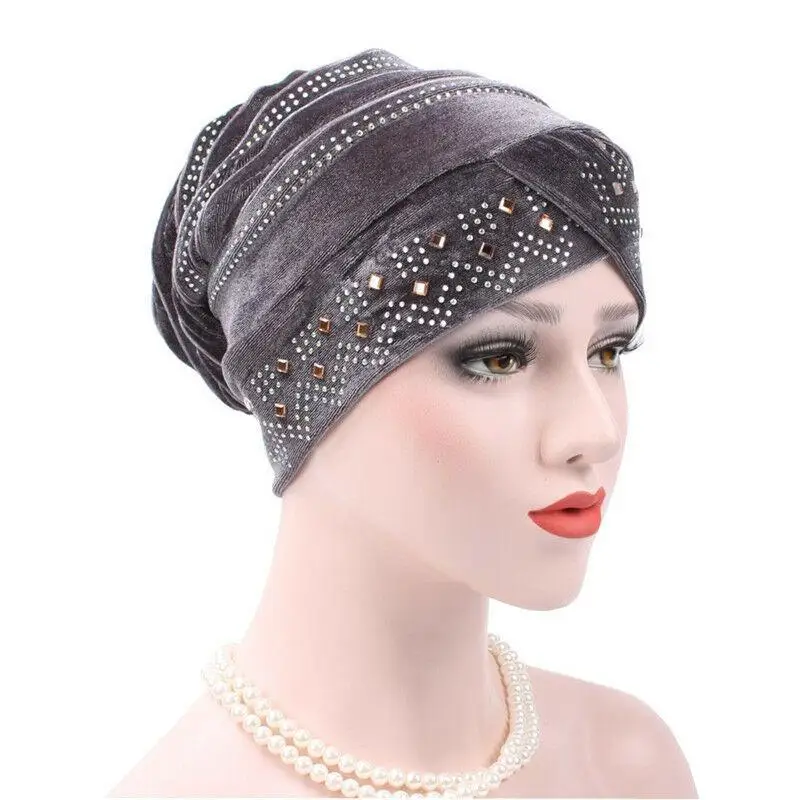 

Autumn Winter Velvet Hat Muslim Women Hijab Chemo Cap Beads Turban Baggy Beanies Bonnet Hair Loss Headscarf Wrap Slouch Headwear