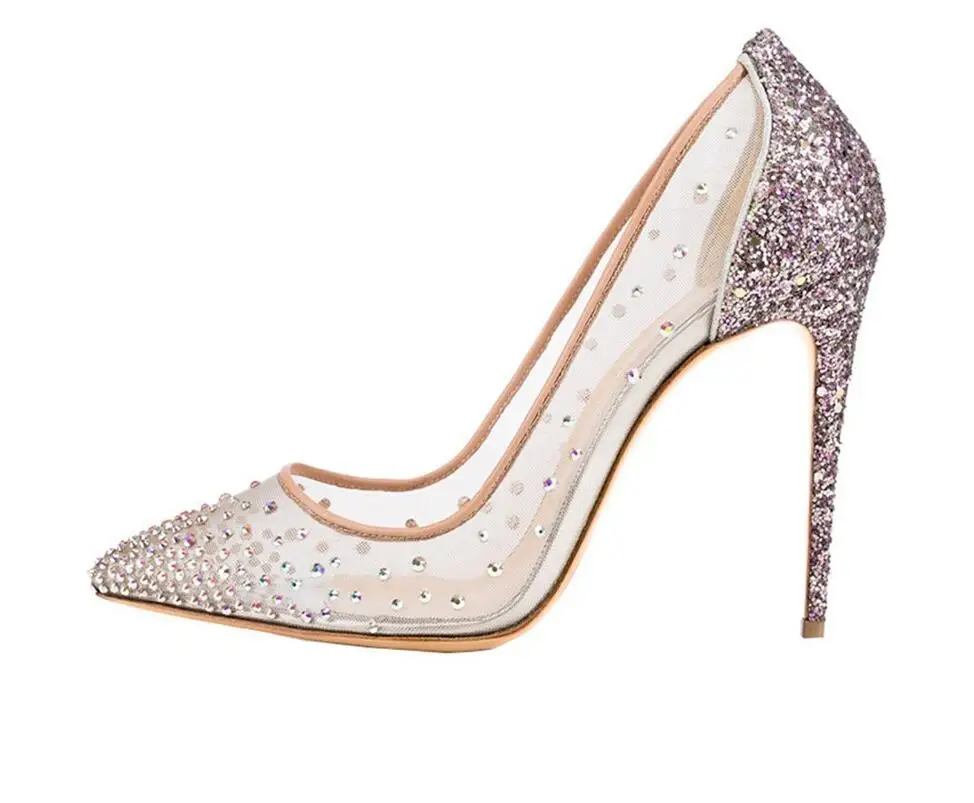 

Rhinestone Pumps High Heels Shining Shoes Women Mesh Pumps Pointed toe Woman Crystal Wedding Shoes