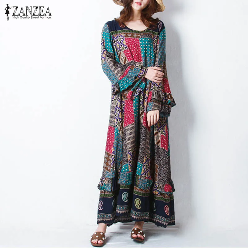 ZANZEA Women Retro Floral Print Autumn O Neck Butterfly Sleeve Casual Party Flouncing Long Dress Vestido With Belt Plus Size