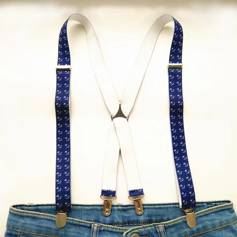 Fashion X-shape Baby Suspenders for Wedding Charming Navy Blue Anchor Print Brace for Children Adult Women Men Accessories BD020