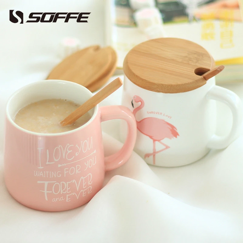 

Soffe Creative Cute Europe Flamingo Travel Coffee Mug Ceramic Porcelain With Wooden Lid Spoon Milk Tea Coffee Cup Tumbler Lover