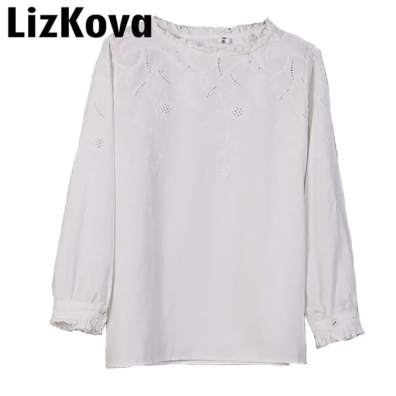 

2019 Women Plain Cotton Linen Shirt Summer Mori Girls Hollow Out Blouses Tops Korean Cute Ruffles Blouses Casual Tops Women