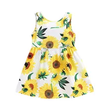 Детские платья для девочек, летнее платье с подсолнухами, без рукавов, с цветочным принтом, с бантом, с открытой спиной, платье принцессы, повседневное пляжное платье