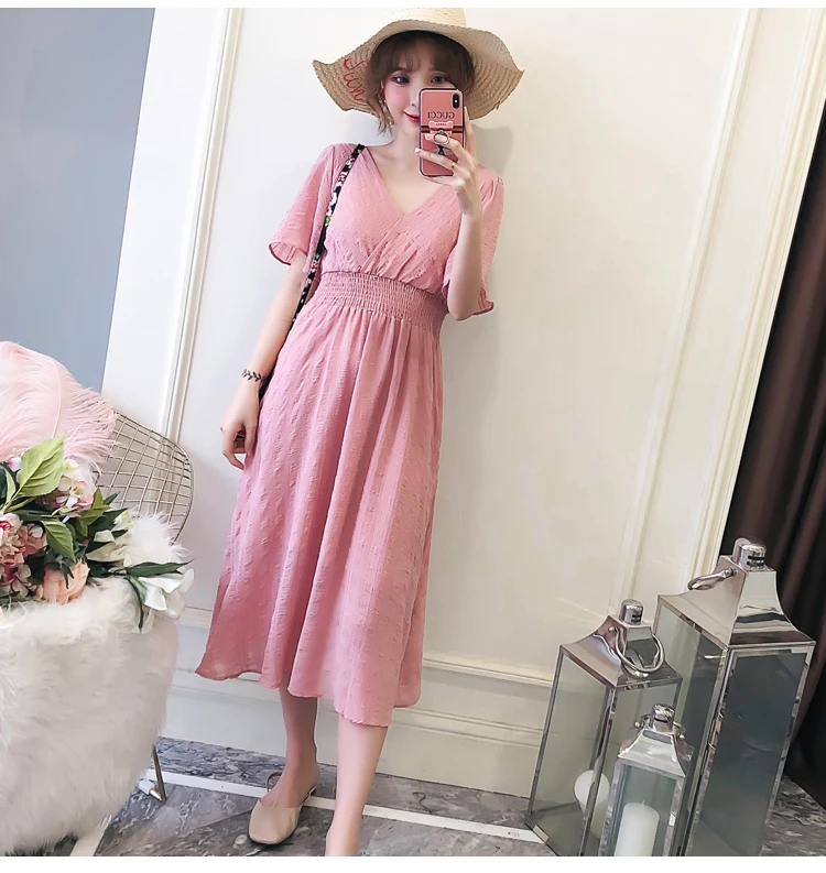 

Cross V-neck pregnant women breastfeeding dress short flare sleeve high waist maternity nursing dress lactation mid-calf dresses