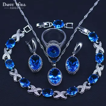 

Silver Color Bridal sky blue Cubic Zirconia Jewelry Sets Women Wedding Bracelet Stone Earrings Pendant Necklace Rings