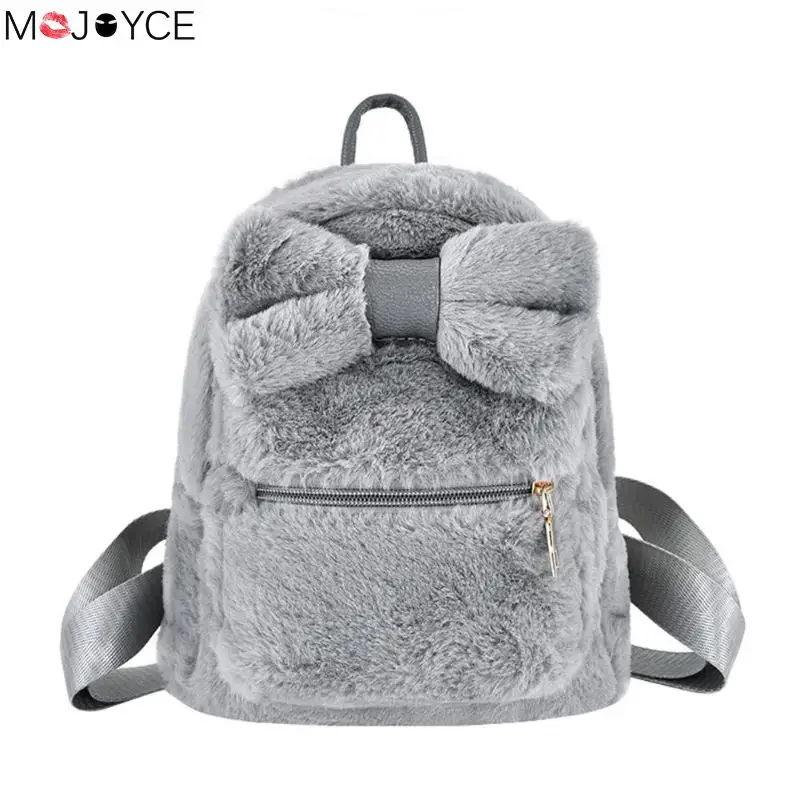 Fashion Solid Faux Fur Backpack for Women Cute Bowknot Shoulder Bag