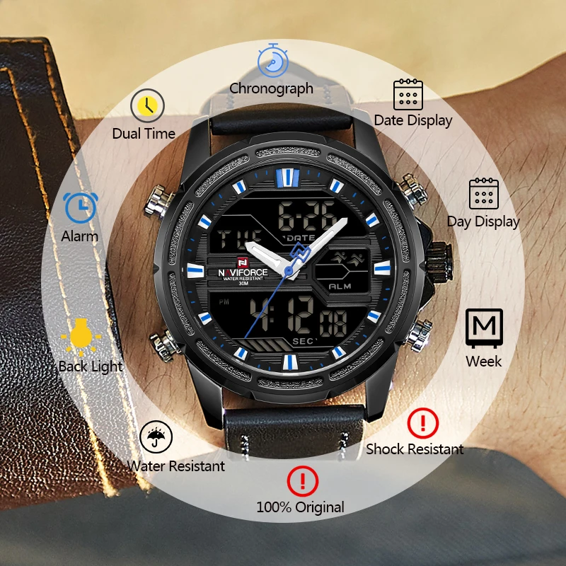 

NAVIFORCE Watch Men Luxury Brand Sports Watches Male Leather Digital Quartz Analog Wrist Watch Military Clock Relogio Masculino