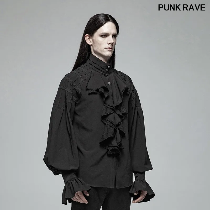 

Gothic Ruffles Loose Long Sleeve Palace club Shirt Victoria Retro classic Black High Neckline falbala Men blouse PUNK RAVE Y-991