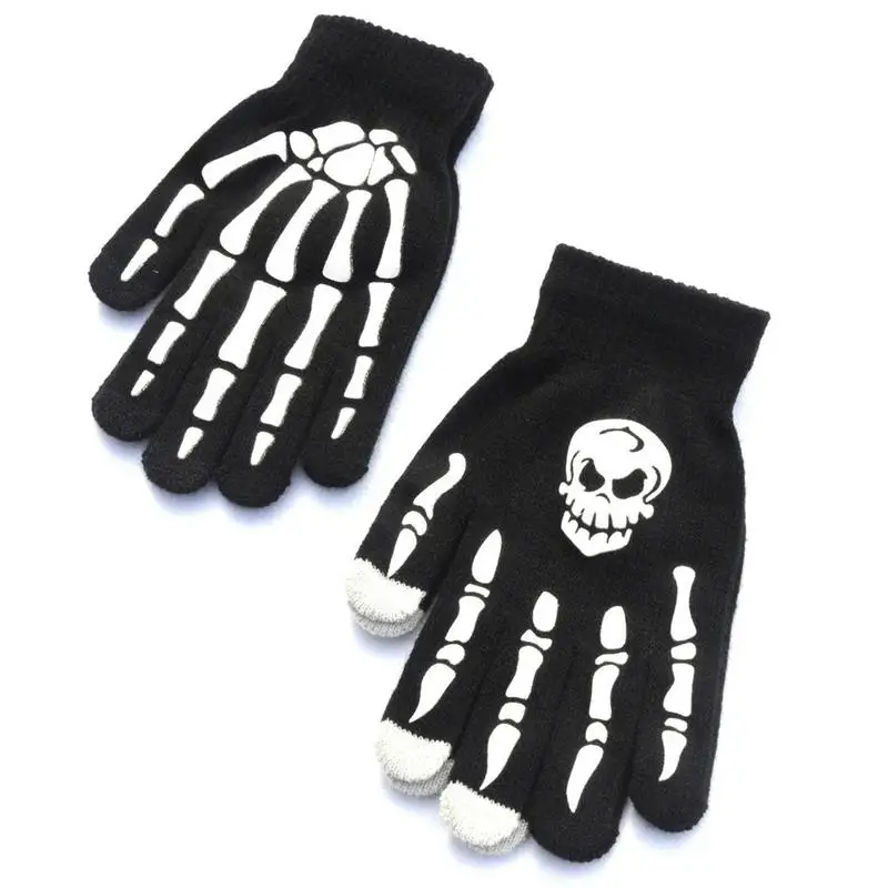

Boys Girls' Winter Warm Knitted Gloves Skull Skeleton Printed Full Finger Ski Cycling Gloves for Teenagers Children