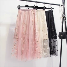 PEONFLY цветочной вышивкой линия Туту Кружева сетки элегантные женские юбки тюль Длинные женские плиссированные юбки новые летние Миди-юбки