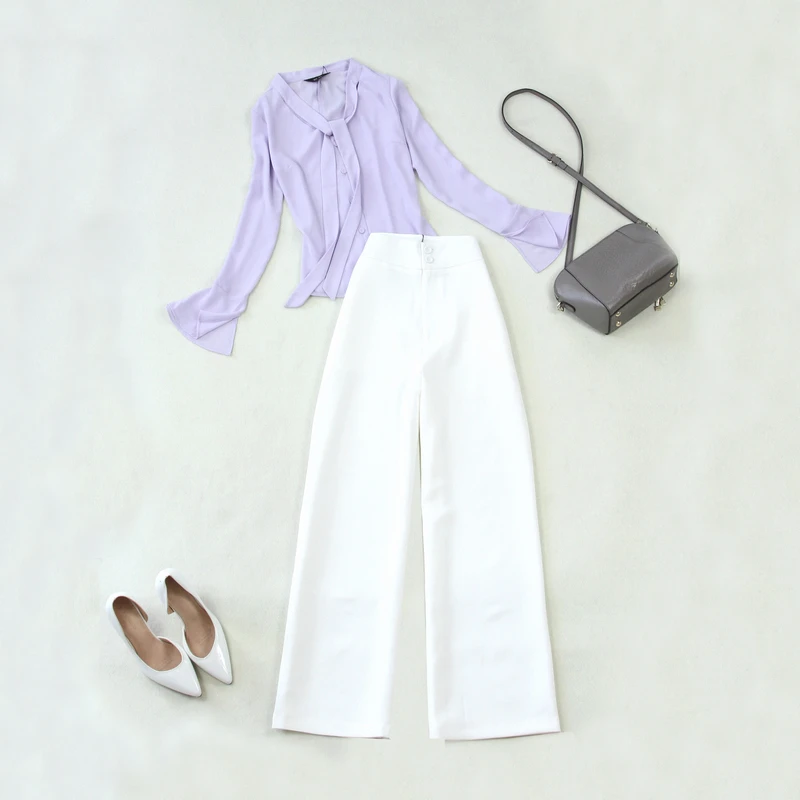 

Fashion temperament suit female new light purple long-sleeved chiffon shirt + high waist white wide leg pants suit