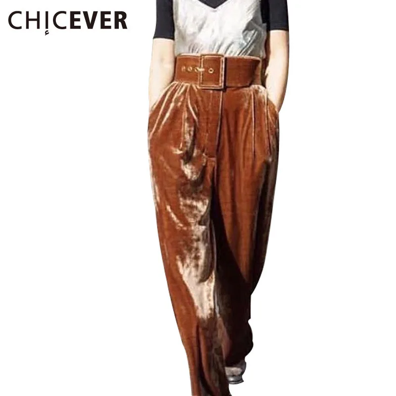 [Chicever] 2017 осень-зима Для женщин бархат Высокая Талия Широкие брюки с поясом женские свободные длинные Мотобрюки Повседневная одежда мода