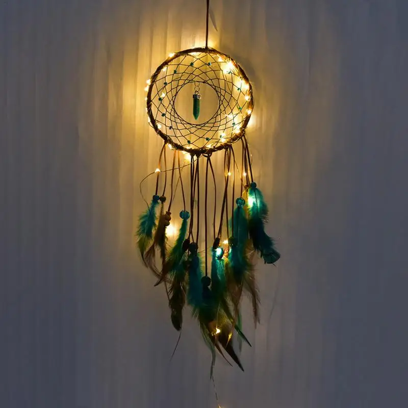 

Handmade Dream Catcher LED Lighting Feather Dreamcatcher Girl Room Bell Bedroom Romantic Wind Chimes Hanging Decoration