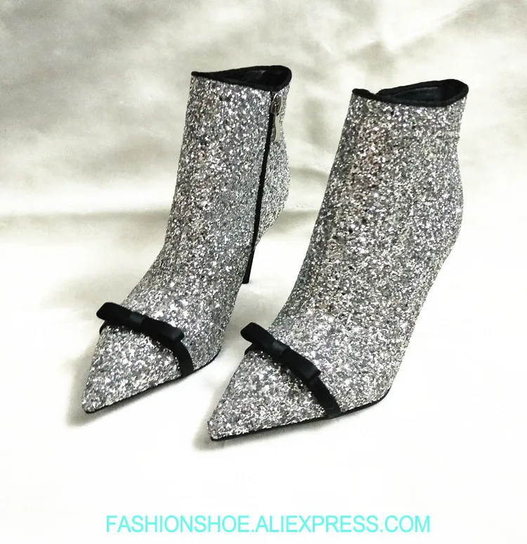 

Shiny Glitter Cover Women Sexy Pointy Toe Ankle Boots Cute Bow Ladies Fashion High Heel Boots 2019 Newest Female Dress Boots 9cm
