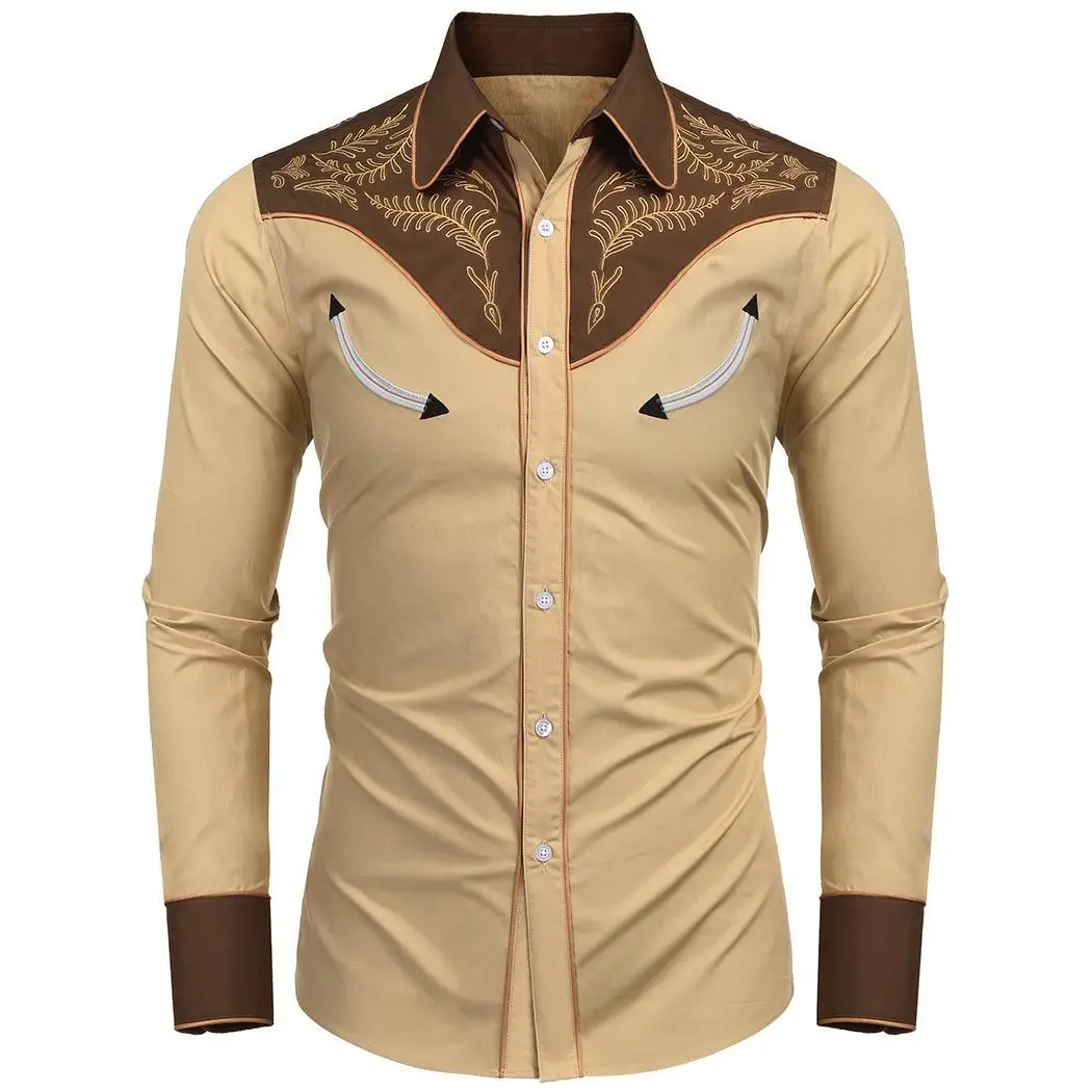 

Fashion Men Turn Down Collar Long Sleeve Shirts Floral Embroidery Winter Spring Autumn Contrast Color Man Casual Shirt