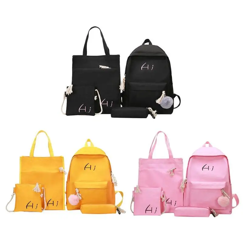 

5pcs/set Canvas Travel Backpack Book Bags for Students Hair Ball Shoulder Crossbody Casual Rucksack Daypack Women School Pen Bag