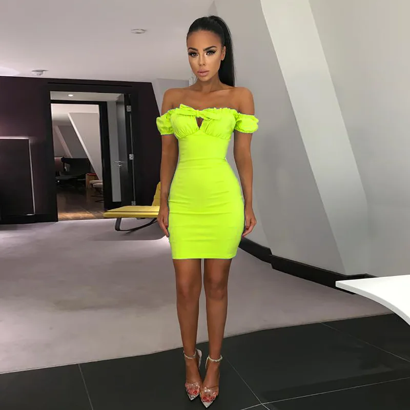

summer neon green women bodycon mini dress sexy off shoulder tunic short dresses sundress clothes sukienka ukraine streetwear