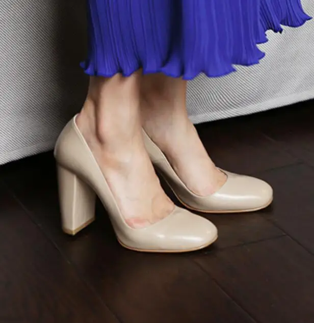 

Dipsloot 2019 Ladies Solid Square High Heels Spring All Match Shoes Women Round Toe Simple Pumps Girls Slip-on Dress Party Shoes