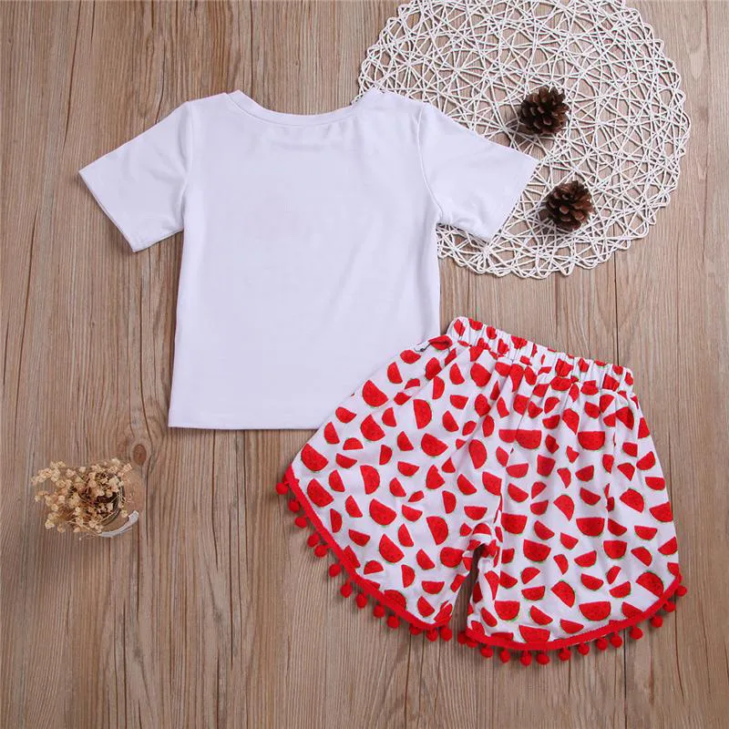Kids Girls Summer Outfits Short-Sleeved I Love Summer Printed Tops T-Shirt+Watermelon Tassels Shorts 2Pcs Girl Sets Kids Girls Summer Outfits Short-Sleeved I Love Summer Printed Tops T-Shirt+Watermelon Tassels Shorts 2Pcs Girl Sets