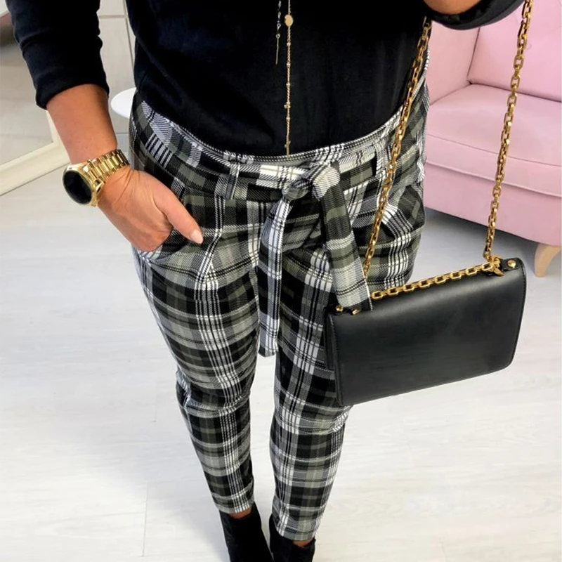 New Women Fashion Plaid Printed Slim Pencil Pants Trousers Britches With Belt New Women Fashion Plaid Printed Slim Pencil Pants Trousers Britches With Belt