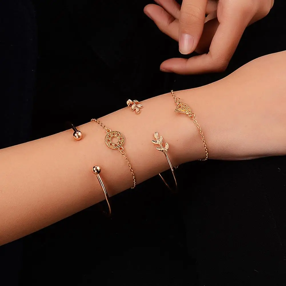 

XIUFEN 4pcs/set Women Bracelet Gold Color Leaf Rhinestone Knotted Open Bracelet Female Jewelry