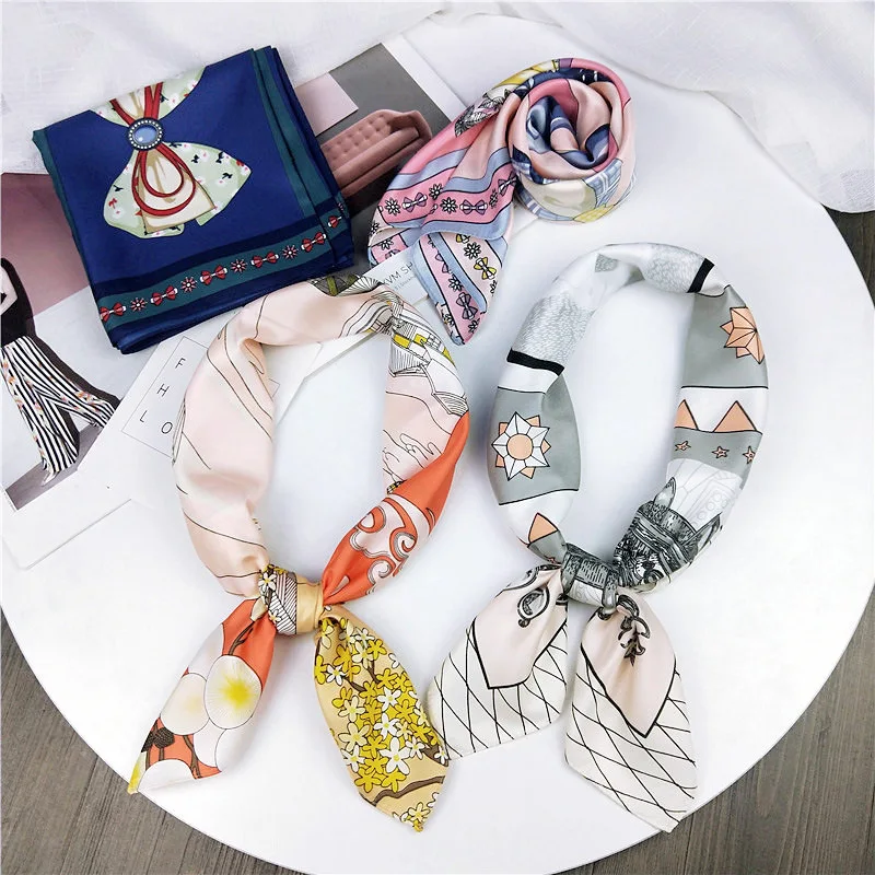 

New Silk Scarf 70*70 New Fashion Bowknot Flowers Prints Women Shawl Satin Small Squares Head Bag Decorative Scarves