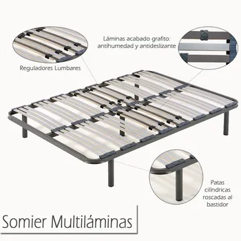 

Somier Multilaminas con reguladores lumbares,patas cilíndricas 26 cm tubo 40x30 Medida- 135 x190 cm