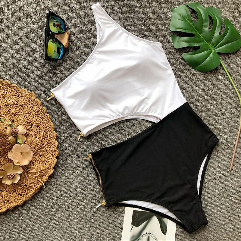 

MUXILOVE New Sexy Zipper 2019 Women Swimwear One Piece Swimsuit Female Bather One Shoulder High Waist Bathing Suit SwimWear Lady