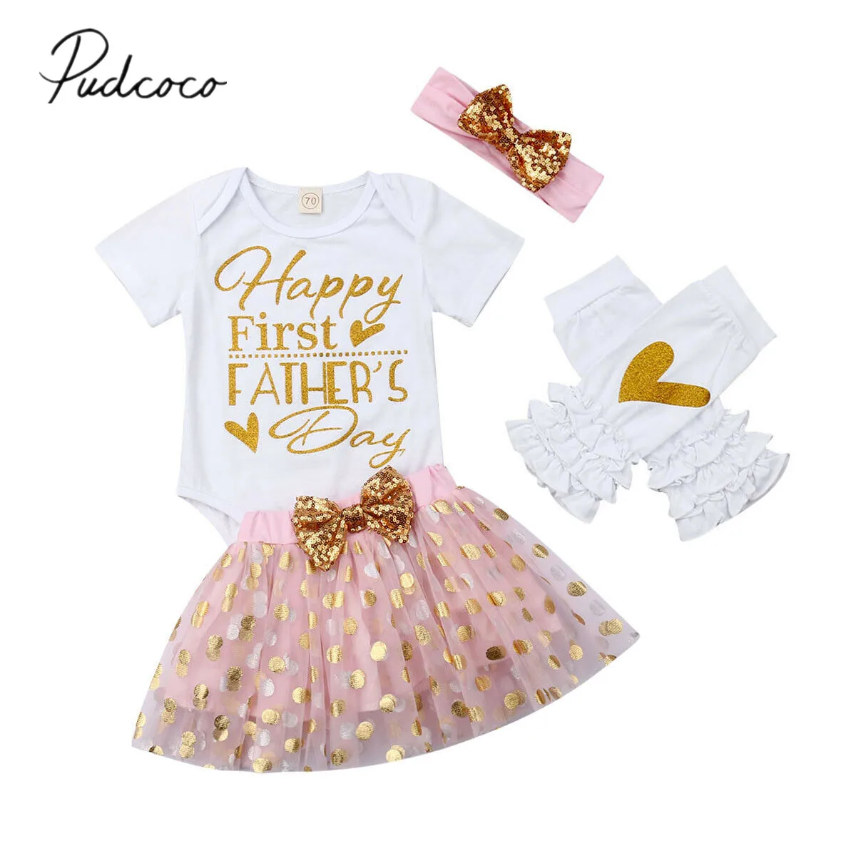 

2019 Fathers Day Outfits Baby Girl Short Sleeve Bodysuit Tutu Dots Skirts Legging Warmer Headband 4Pcs Party Sequin Clothes Set