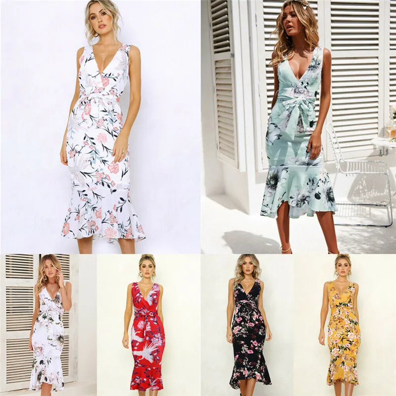 

2019 Women sexy beachwear bathing clothes Hot summer floral print Brazilian bikini cover ups sleeveless bandage ruffles sundress