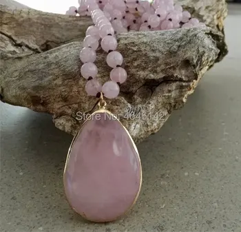 

Hand Knotted Boho Rose Quartz Crystal Stone Feacted Rose Quartz Charm Pendant Necklace