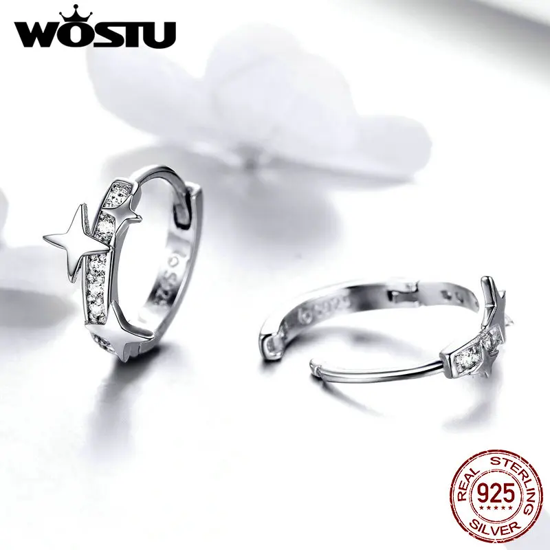 WOSTU Brilliant Star Hoop Earrings 925 Sterling Silver Dazzling Zircon Circle Small Earrings For Women Silver 925 Jewelry CTE076