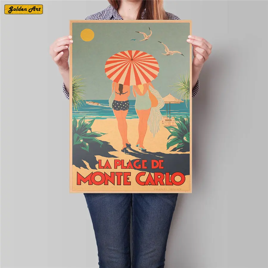

City Travel Summer Beach Retro painting vintage kraft paper poster wall pictures living room decoration 45.5x31.5cm